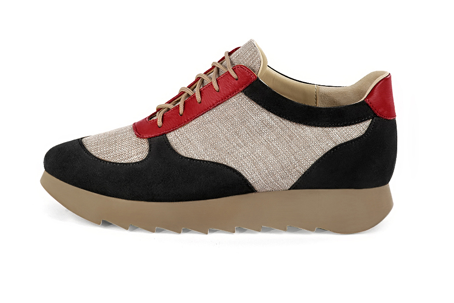 French elegance and refinement for these matt black, natural beige and cardinal red three-tone dress sneakers, 
                available in many subtle leather and colour combinations. Nice Sneakers of "Ville". 
Fine and elegant, it will replace a traditional model.
All color combinations are possible, have fun customizing it.  
                Matching clutches for parties, ceremonies and weddings.   
                You can customize these sneakers to perfectly match your tastes or needs, and have a unique model.  
                Choice of leathers, colours, and soles. 
                Wide range of materials and shades carefully chosen.  
                Small and large shoe sizes - Florence KOOIJMAN